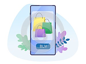 Vector shopping bags with cellphone and plants