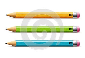 Vector short pencil, realistic pencil isolated cartoon with rubber eraser