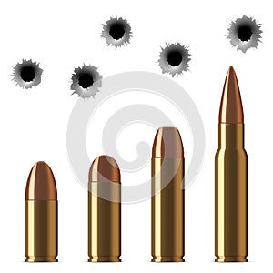 Vector shot gun bullets and bullet holes isolated on white