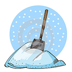 Vector shovel in a pile of snow isolated on white background