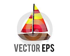 Vector side of brown wooden sailing boat icon with mix of yellow, orange and red sails