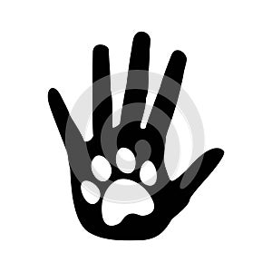 Vector sign or symbol of dog or cat paw print in human palm silhouette