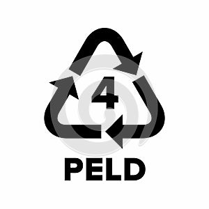 Plastic recycling code applied to packaging (LDPE, PELD).