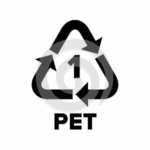 Plastic recycling code applied to packaging (PET, PETE).
