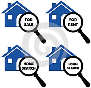 Vector signs of search home, rent, loans, sale label signs.