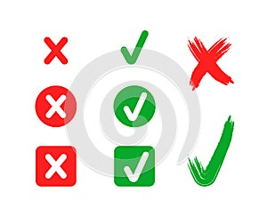 Vector signs set, icons collection, check and cross marks isolated on white, in circle and square check boxes, green and