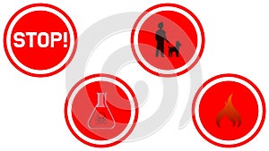 Vector signs of stop, carrying pets, fire hazards, and chemical hazards