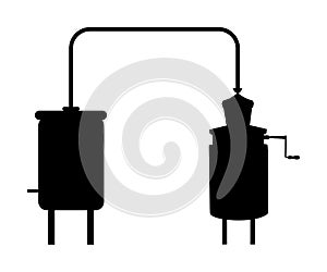 Vector silhouette of alembic apparatus for distill essential oils and alcoholic beverages. Distillery for whiskey or brandy .