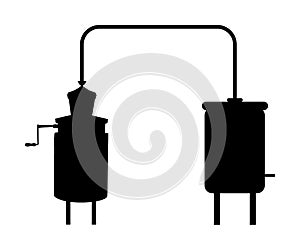 Vector silhouette of alembic apparatus for distill essential oils and alcoholic beverages. Distillery for whiskey or brandy.