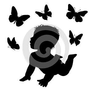 Vector silhouette of baby butterfly on white background.