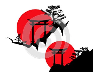 Vector silhouette background of japanese torii gate on rocky pine cliff with red rising sun