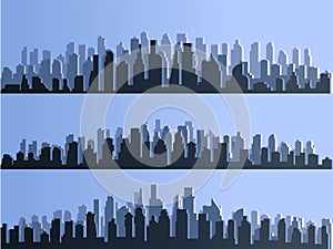 Vector silhouette of big city town, skyscrapers building, business centers. Twilight, blue sunset, panorama of