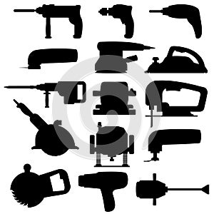 Vector silhouette black icons electric tools for construction on white background.