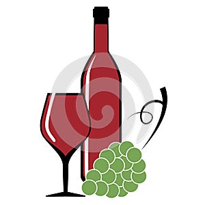 Vector silhouette of a bottle of red wine, a glass and a bunch of green grapes on a white background.