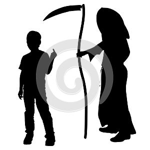 Vector silhouette of a boy with the Grim Reaper. photo