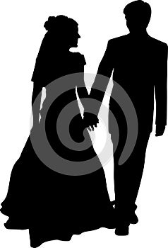 Vector silhouette of a bride and groom holding hands. The wedding couple