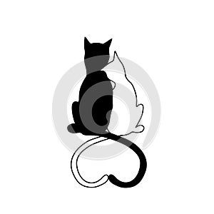 Vector silhouette of cat couple in love with shape heart tails.