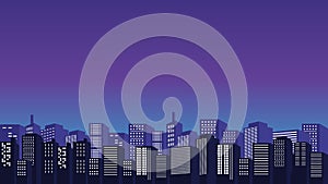 Vector silhouette of city buildings with purple sky shadow