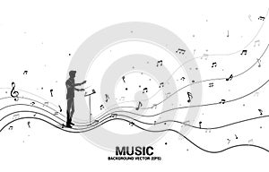 Vector silhouette of conductor with dancing flow shape music note .