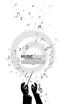 Vector silhouette of conductor hand with music melody note dancing flow .