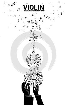 Vector silhouette of conductor hand with music melody note dancing flow shape violin icon .