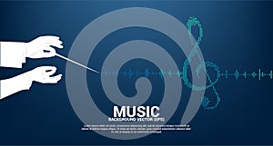 Vector silhouette of conductor hand with Sol key note icon Sound wave Music Equalizer background.