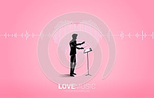 Vector silhouette of conductor with Sound wave heart icon Music Equalizer background.