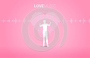 Vector silhouette of conductor with Sound wave heart icon Music Equalizer background.