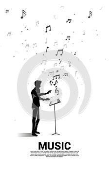 Vector silhouette of conductor standing with flying music note .
