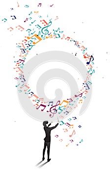 Vector silhouette of conductor standing with flying music note .