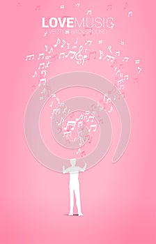 Vector silhouette of conductor standing with piano key with music melody note dancing flow .