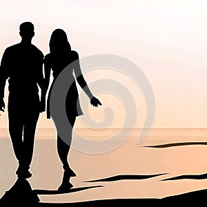 vector silhouette of a couple walking hand in hand on a beach.