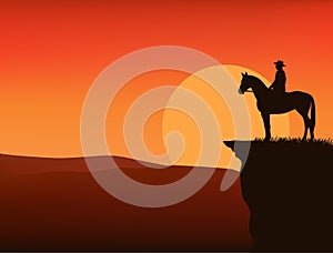 Vector silhouette of cowboy and horse standing against evening sunset sun on cliff top