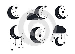 Vector silhouette of the crescent moon and stars in the night sky Isolated on background