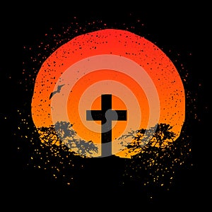 Vector silhouette of a cross on a gradient grunge orange circle background with trees silhouettes.