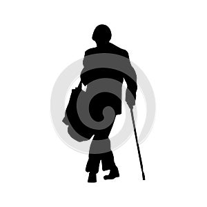 Vector silhouette of an elderly woman with a bag and a cane.