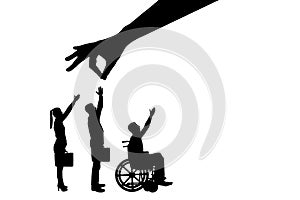 Vector silhouette employer`s hand chooses a healthy worker from a crowd of people and not an invalid in a wheelchair