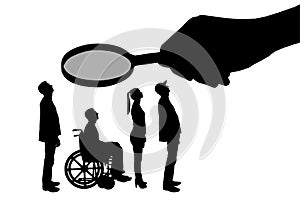 Vector silhouette employer`s hand looks through the magnifying glass to an invalid in a wheelchair waiting for an interview for w