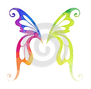 Vector silhouette of fairy wings with rainbow watercolor splashes isolated on background. Creativity and vibrant self-expression
