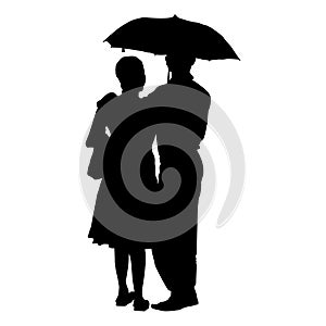 Vector silhouette of family with umbrella on white background. Symbol of protection.