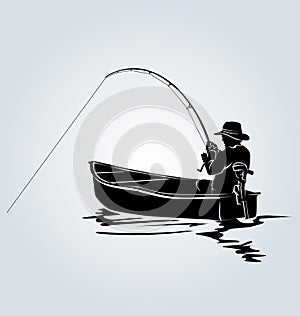 Vector silhouette of a fisherman in a boat