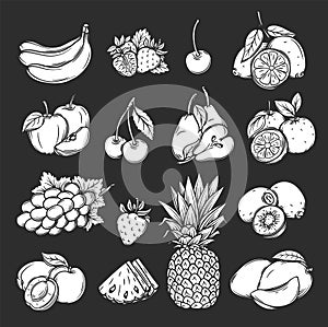 Silhouette fruits and berries icons set