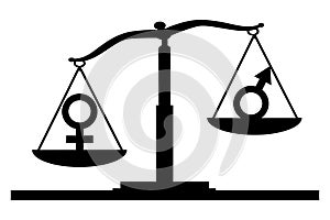 Vector silhouette of gender symbols on the scales of justice where the female symbol predominates.