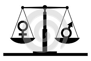 Vector silhouette of gender symbols on the scales of justice where the female symbol predominates