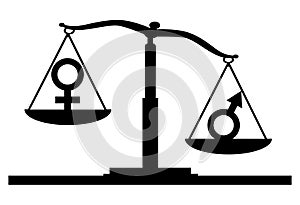 Vector silhouette of gender symbols on the scales of justice where the male symbol predominates