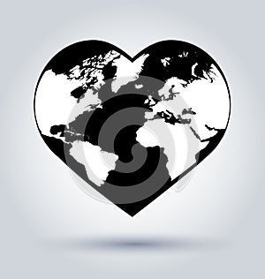 Vector silhouette of a globe in the shape of heart