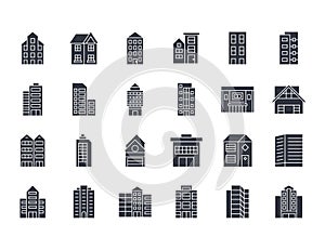 Vector silhouette icons of house. Set signs editable stroke. Multistorey buildings with doors, windows, garage. Office space and