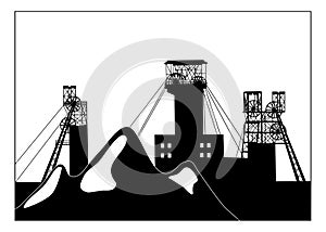 Vector silhouette illustration of industrial coal mining slag heaps and structural headframes above mine shaft. Metallurgy