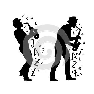 Vector silhouette of jazz musicians.50`s or 60`s style musicians.Jazz saxophone players. Print for t shirt photo