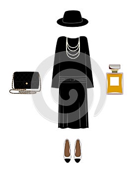 Vector silhouette of a lady classic image. Dress, shoes, hat, bag, and perfume